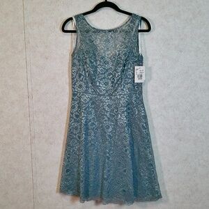 NWT David’s Bridal Steel Blue Short Lace Dress High Neck,V-Back, Lined Size 8